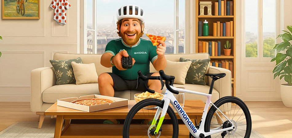 An AI generate man sitting on a counch wearing cycling gear