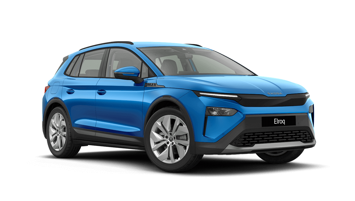 Front 3/4 render of a Škoda vehicle with Race Blue paint