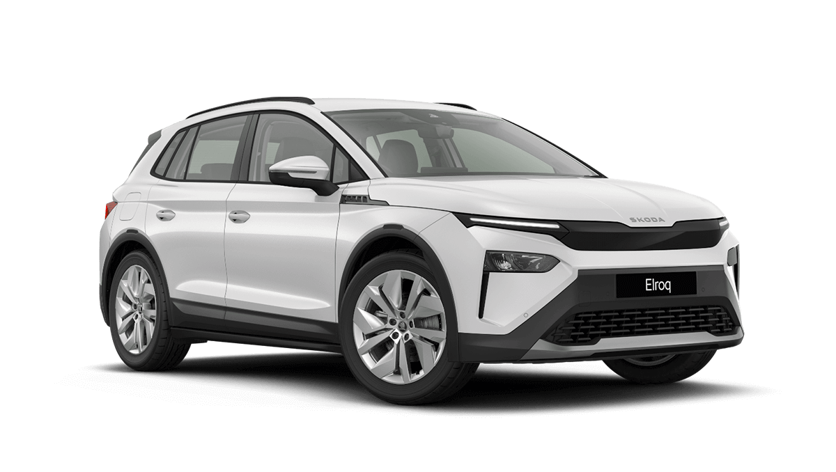 Front 3/4 render of a Škoda vehicle with Moon White paint