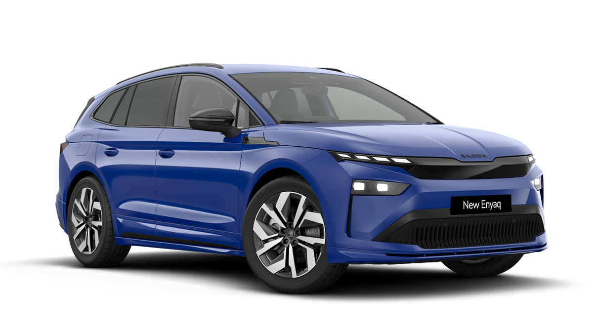 Front 3/4 render of a Škoda vehicle with Energy Blue paint