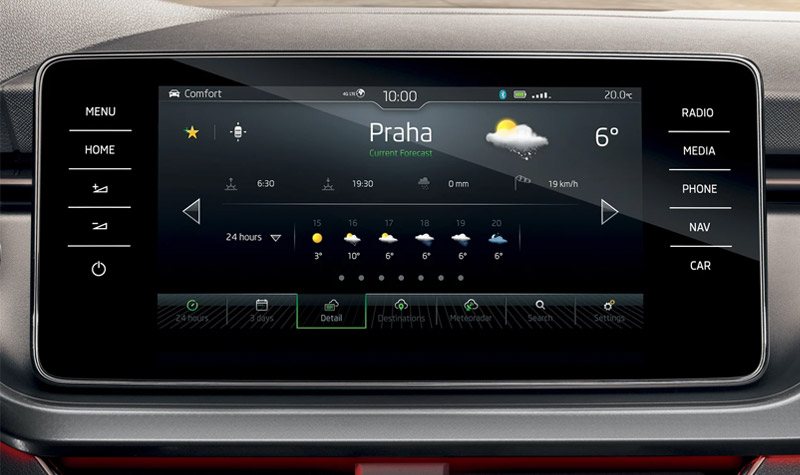 Infotainment screen of a Kamiq Monte Carlo showing the weather