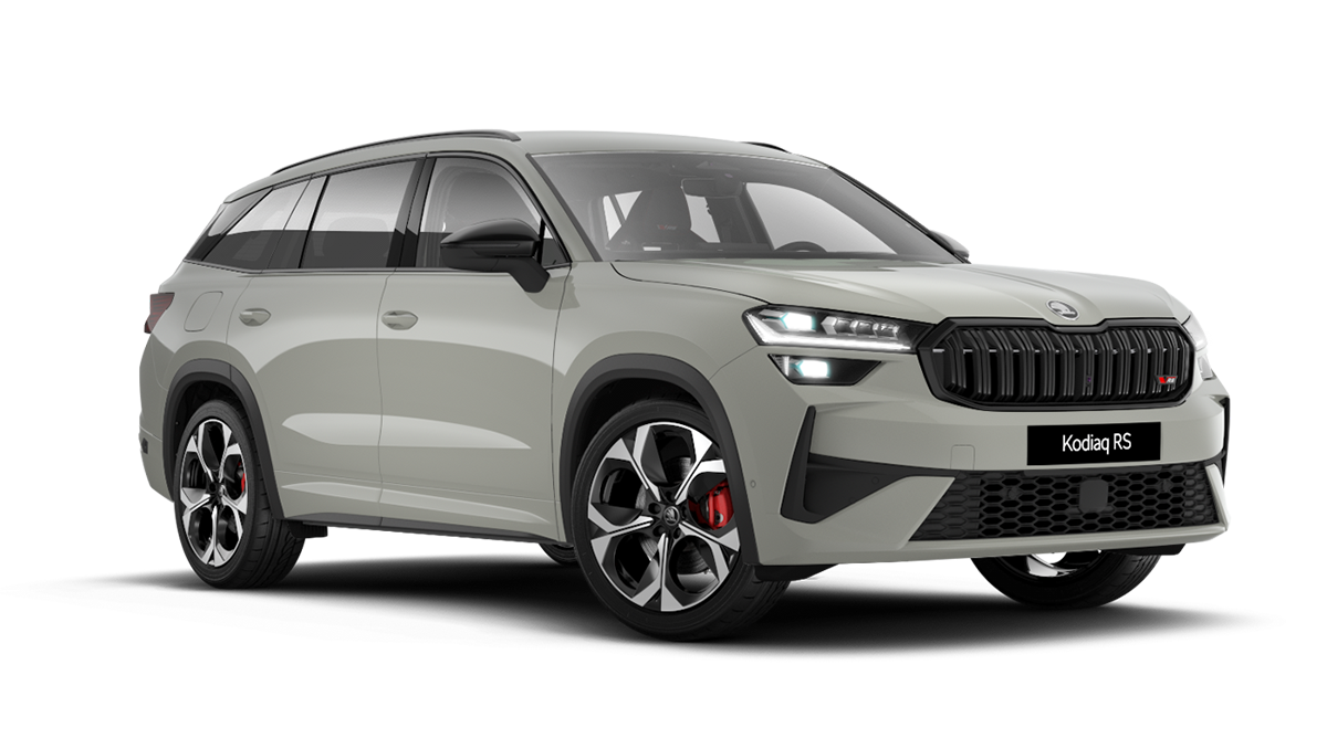 Front 3/4 render of a Škoda vehicle with Steel Grey paint