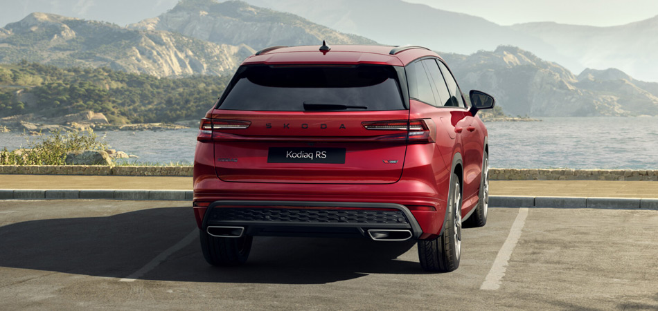Rear end of a red sports SUV parked by a sea side road