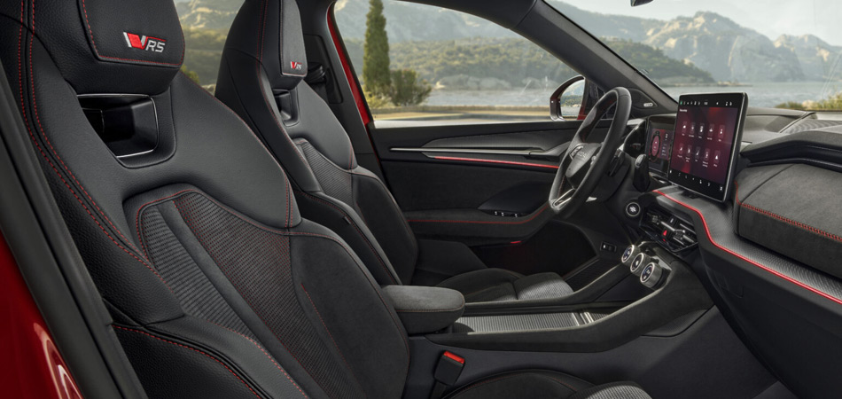 Close up of sport seats with red stitching in a Skoda SUV
