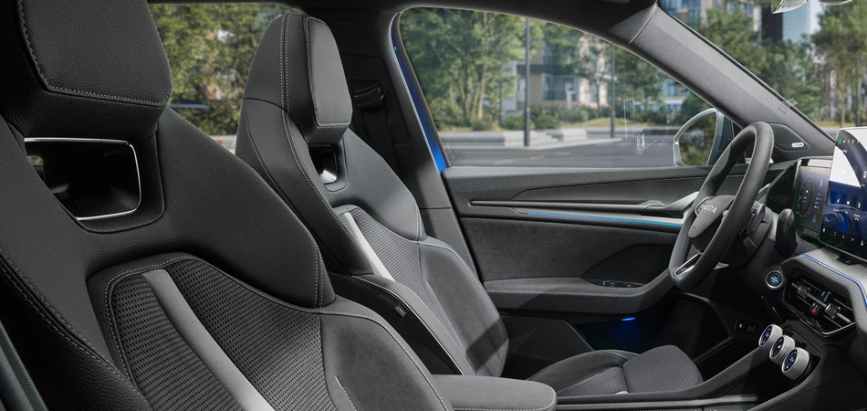Left hand drive interior of a sports SUV looking through the passanger side door