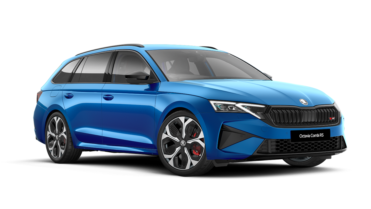 Front 3/4 render of a Škoda vehicle with Race Blue paint
