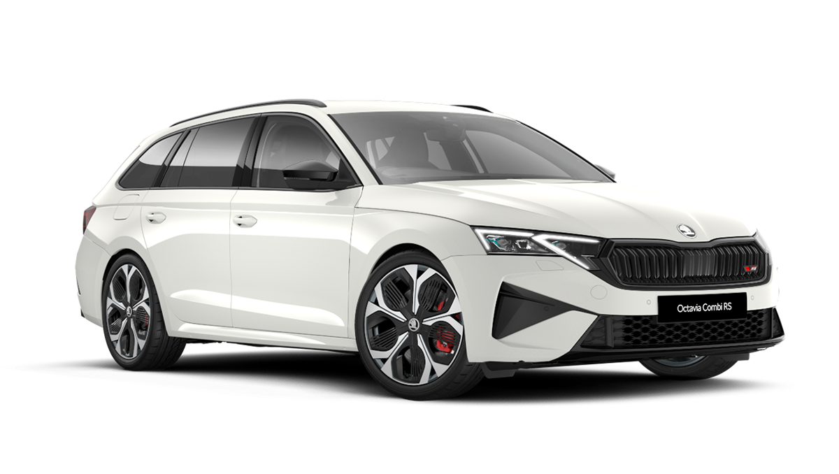 Front 3/4 render of a Škoda vehicle with Candy White paint