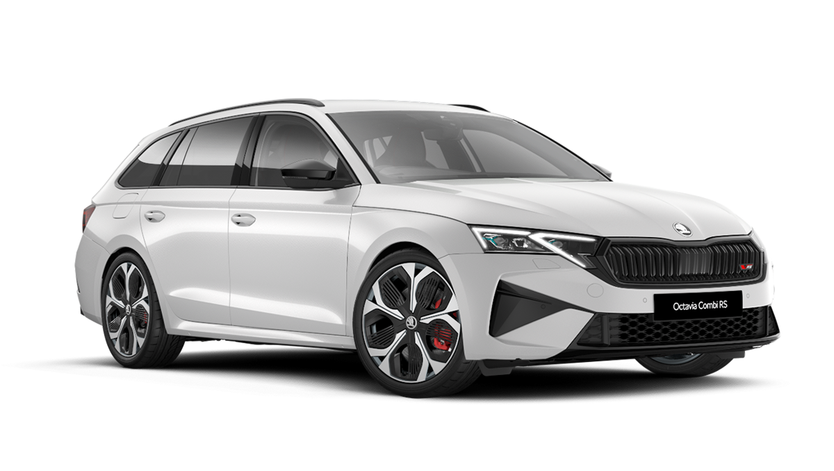 Front 3/4 render of a Škoda vehicle with Moon White paint