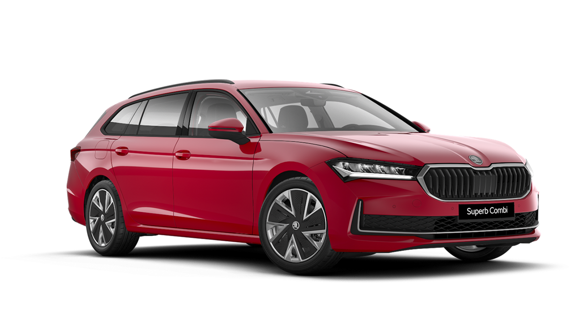 Front 3/4 render of a Škoda vehicle with Carmine Red paint