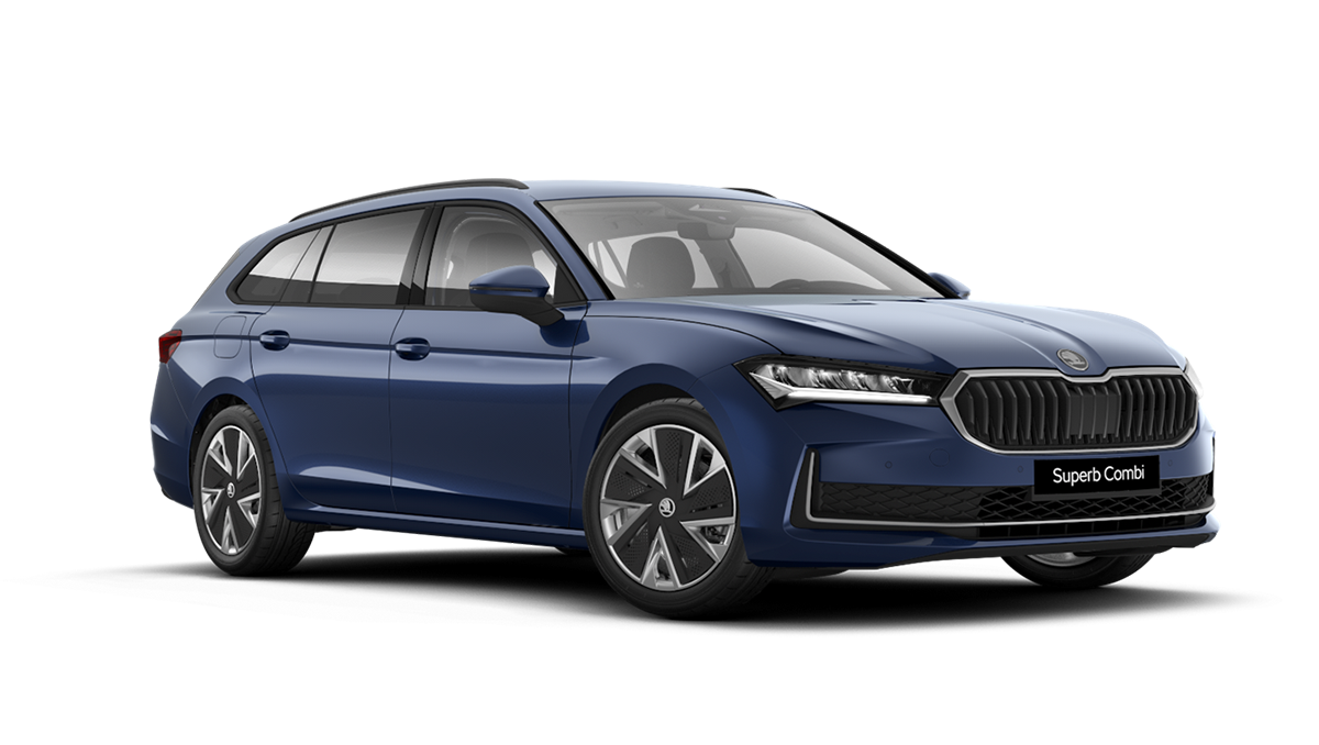 Front 3/4 render of a Škoda vehicle with Cobolt Blue paint