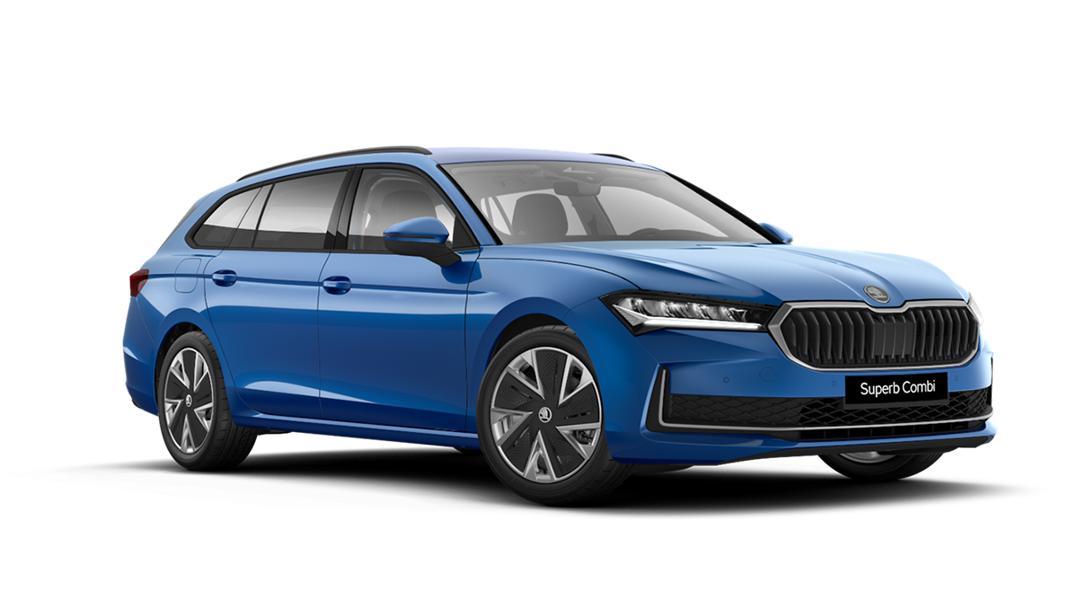 Front 3/4 render of a Škoda vehicle with Energy Blue paint
