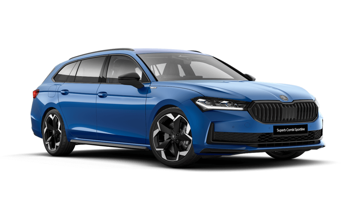 Front 3/4 render of a Škoda vehicle with Energy Blue paint